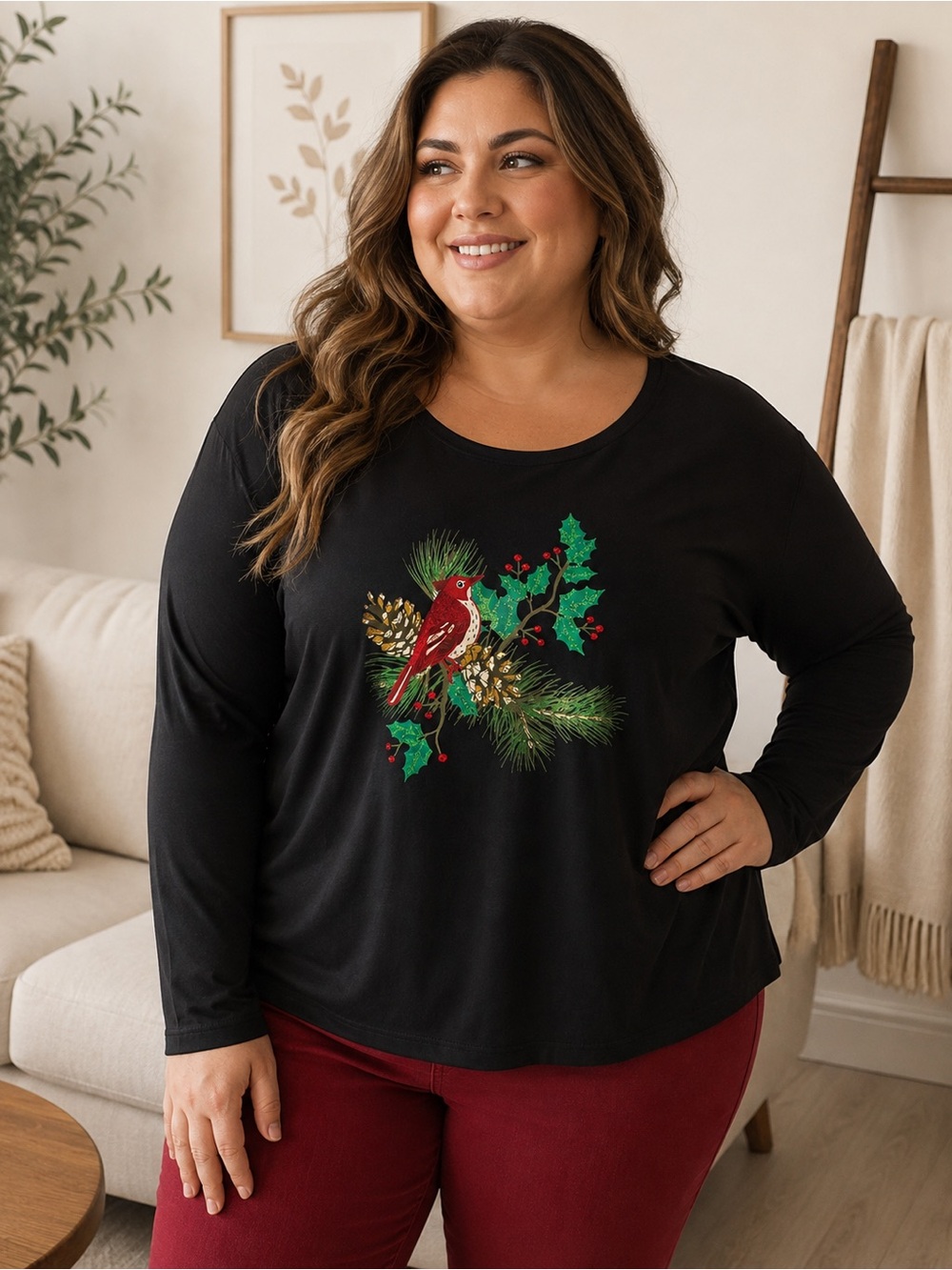Holiday Lane Women’s Cardinal Christmas Long Sleeve Top Black Plus Size 3X